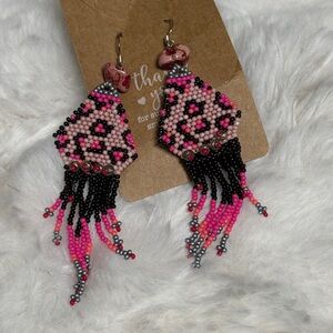 Handmade Pink & Black Leopard Beaded Fringe Earrings - Women Jewelry